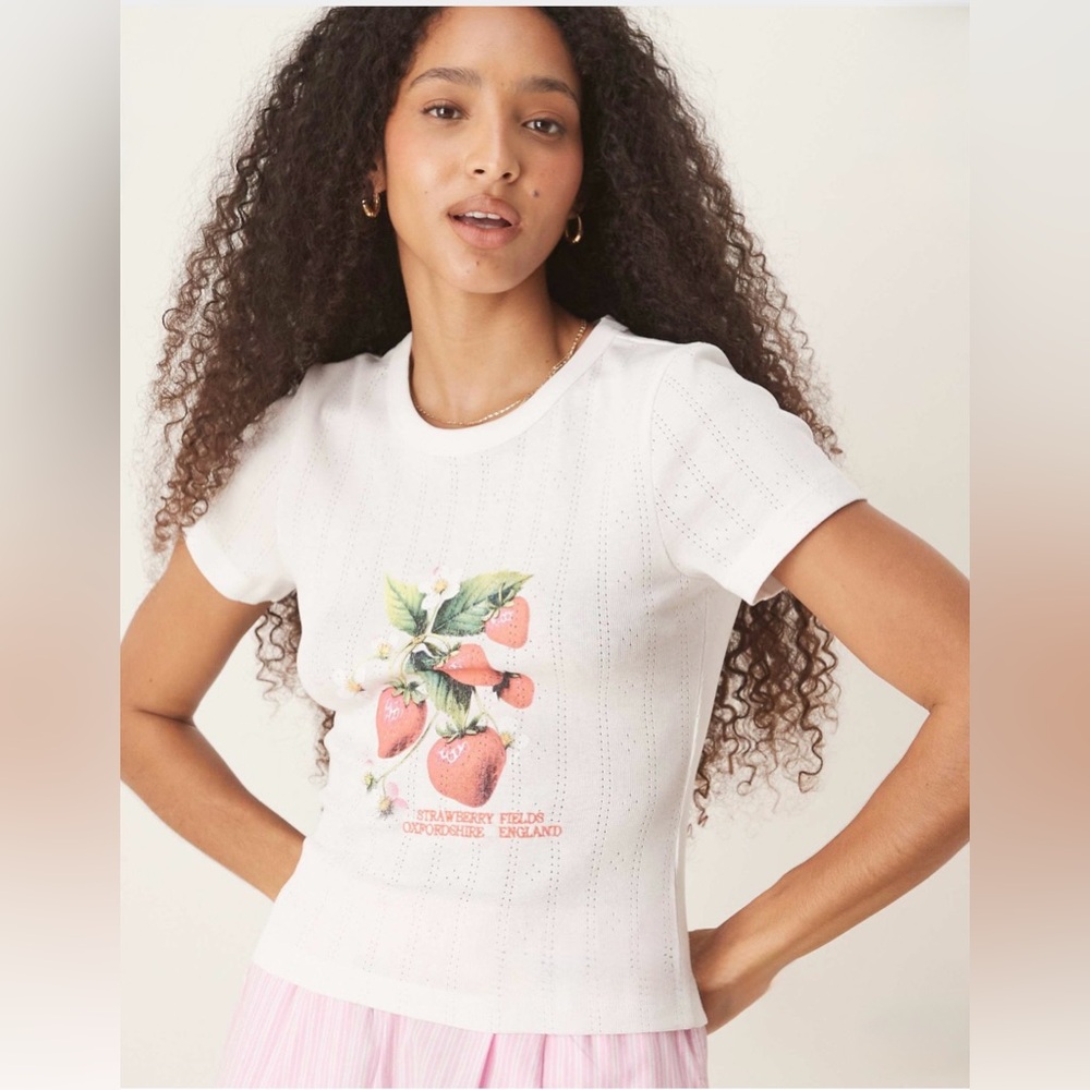 ASOS Design Baby Tee With Strawberry Fields Graphic in Cream Pointelle Size M